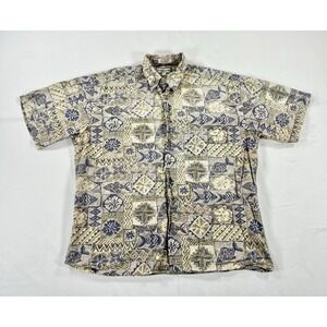 Pierre Cardin 90s Hawaiian Shirt Men L Short Sleeve Geometric Tiki Abstract Blue